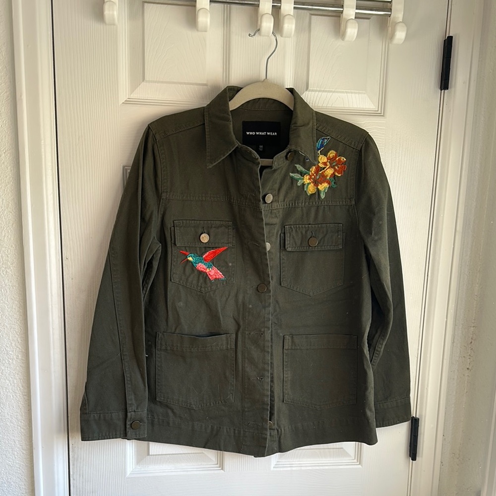 Who What Wear Olive Green Embroidered Shirt-Jacket